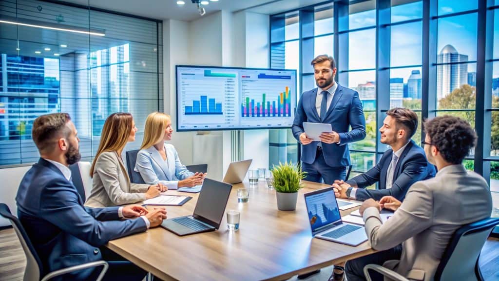 Business meeting with professionals discussing data charts in a modern office.