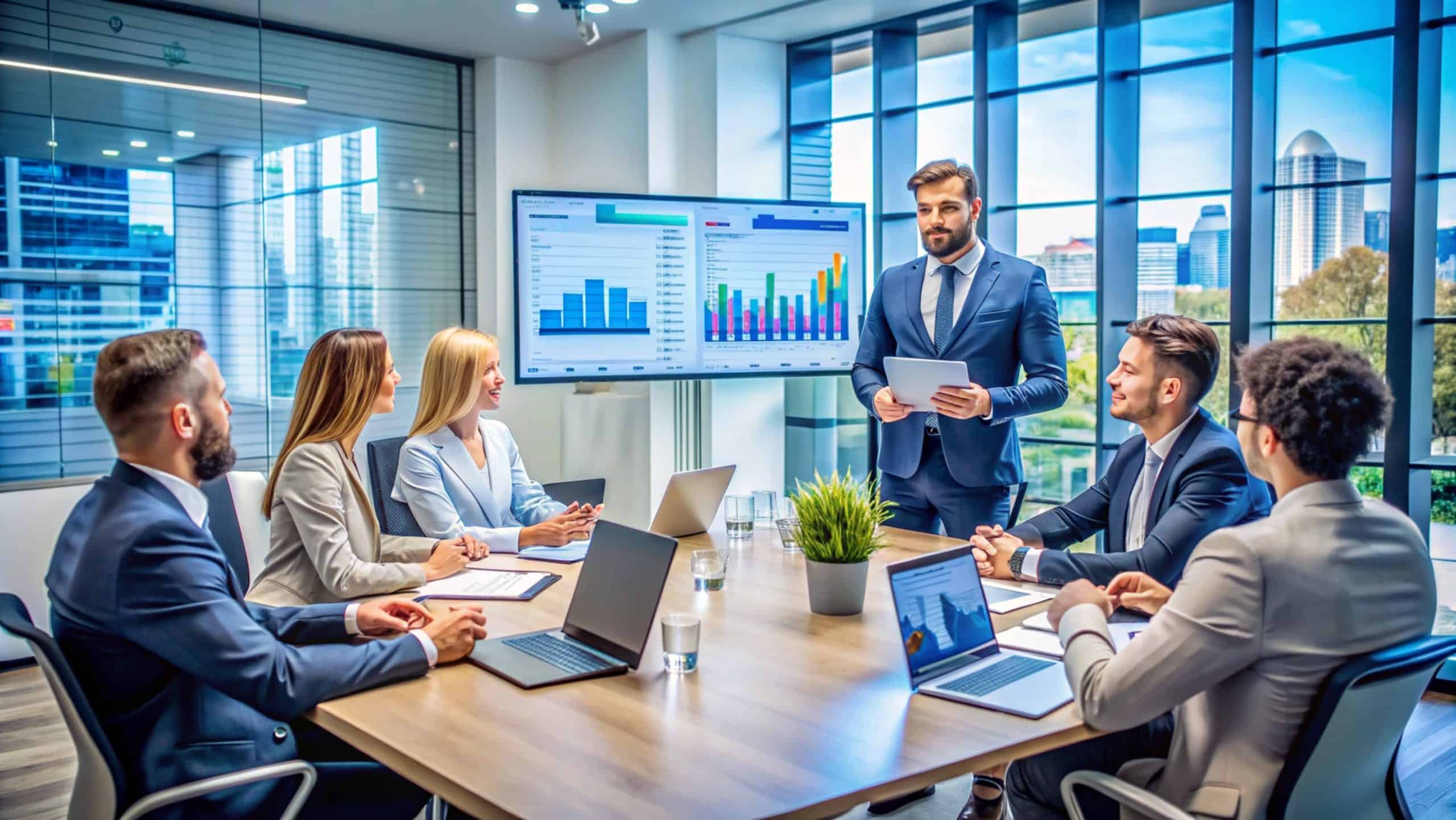 Business meeting with professionals discussing data charts in a modern office.