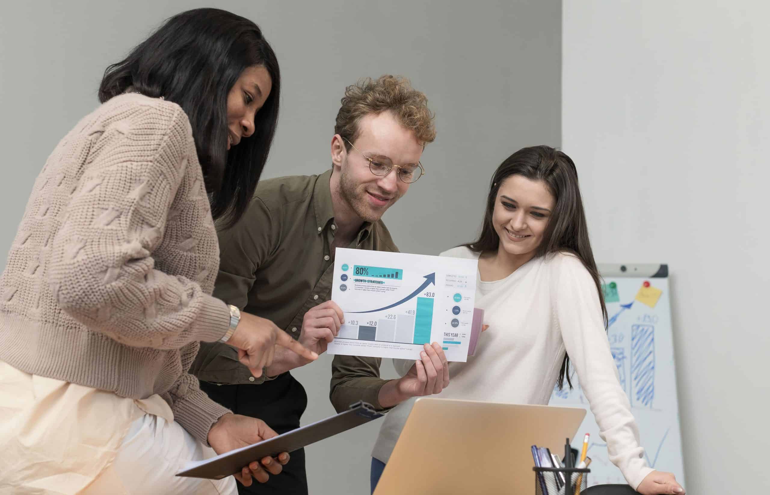 Business team analyzing data and charts for lead generation.