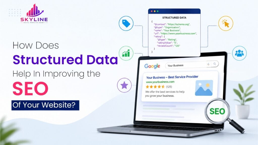 Laptop displaying structured data code and search results for SEO.