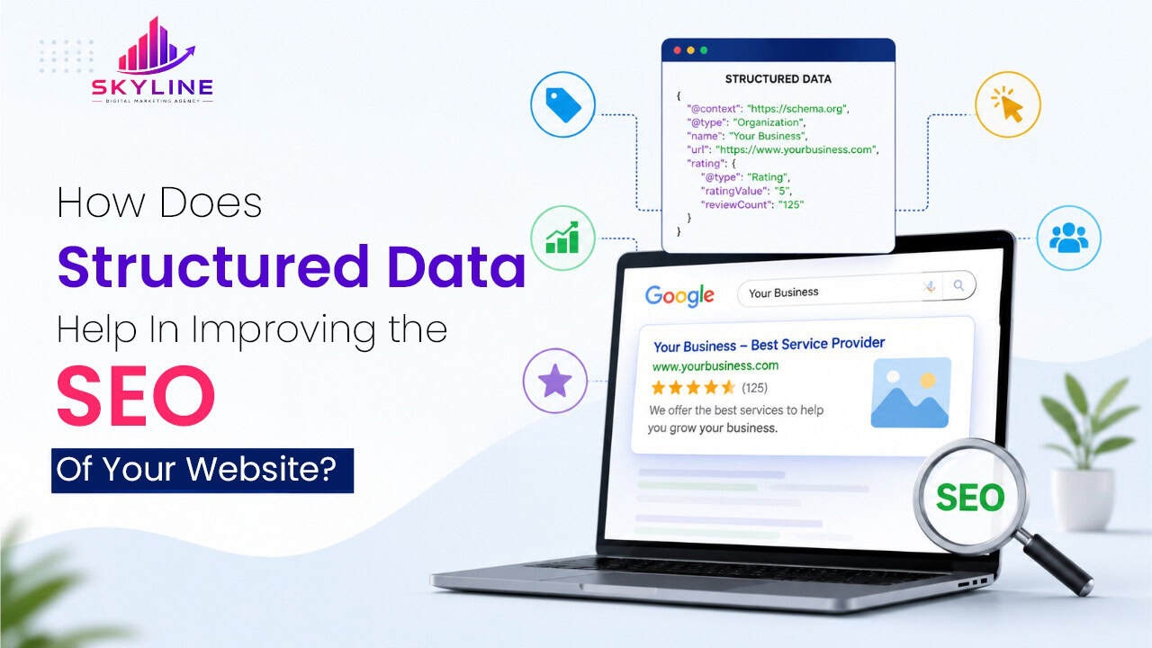 Laptop displaying structured data code and search results for SEO.