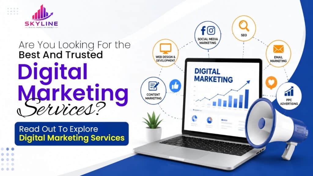 Digital marketing services with laptop, megaphone, and icons for SEO and social media.